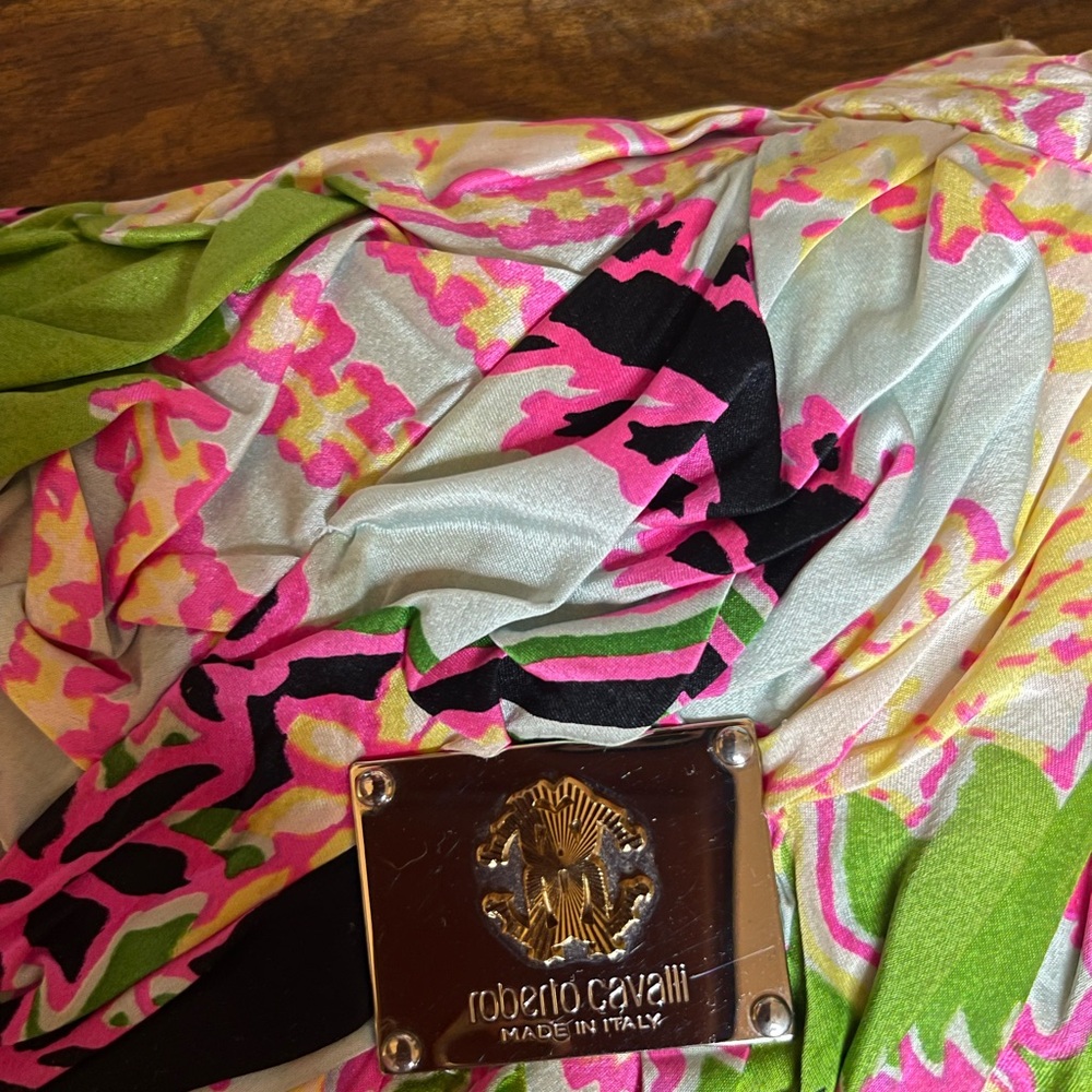 Roberto Cavalli Pink and Green Patterned purse with heavy silver chain